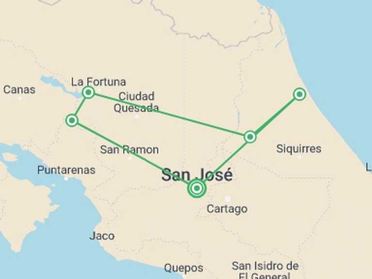 Map of a Active and outdoor Tour with 5 destination visits for the trip: Supersaver | Costa Rica Essentials Plus, 8 Days