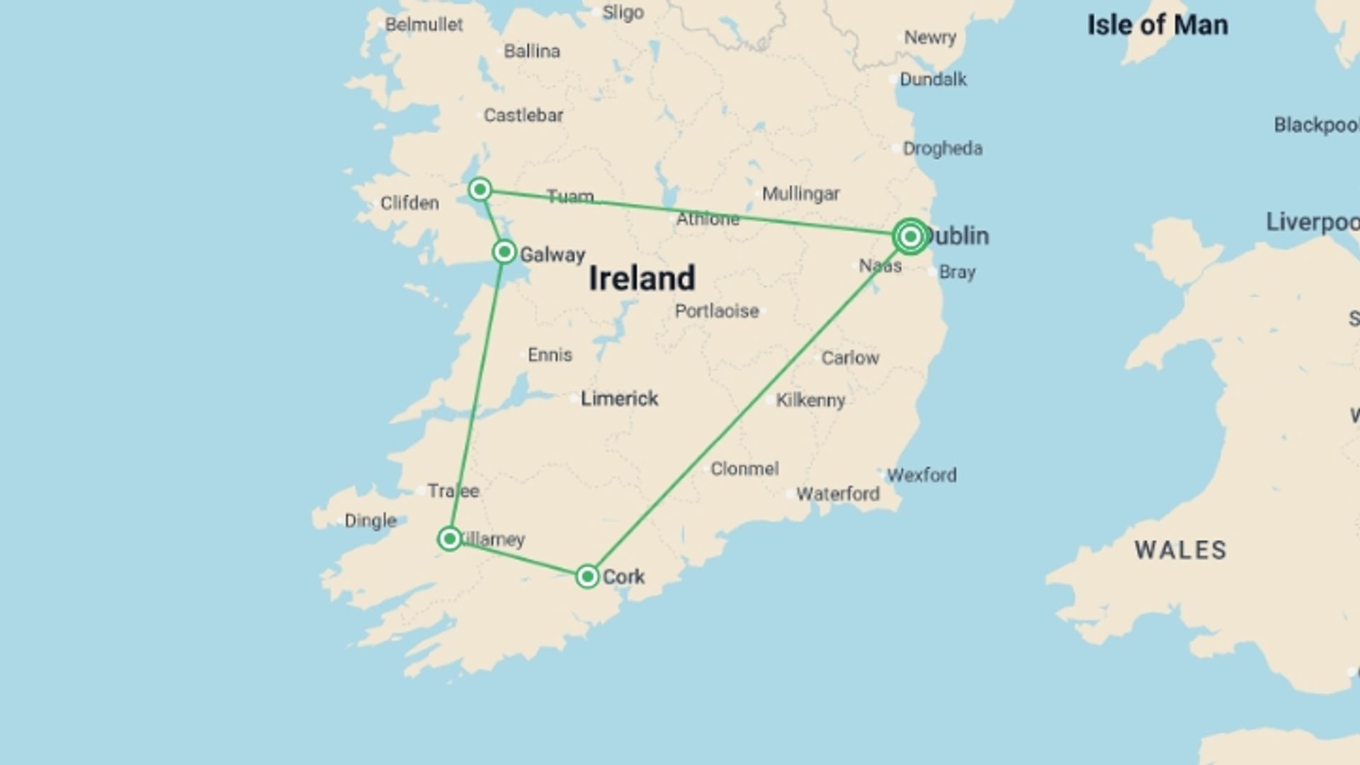 A map showing the tour itinerary for the trip: Ireland's Icons, starting in Dublin, Ireland and ending in Dublin, Ireland going through 4 other destinations.