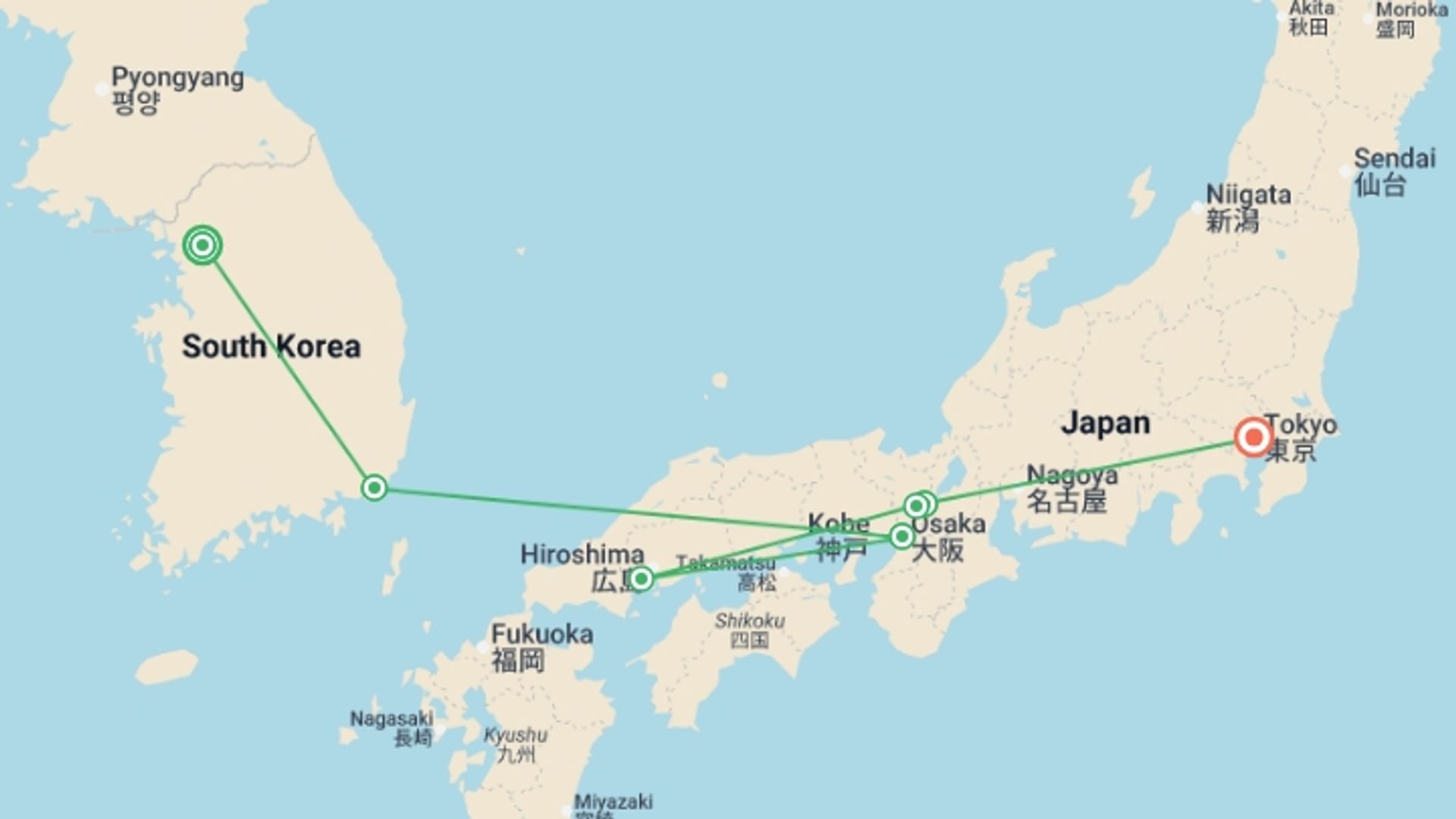 A map showing the tour itinerary for the trip: Japan & South Korea Cherry Blossom Tour, starting in Seoul, South Korea and ending in Tokyo, Japan going through 3 other destinations.