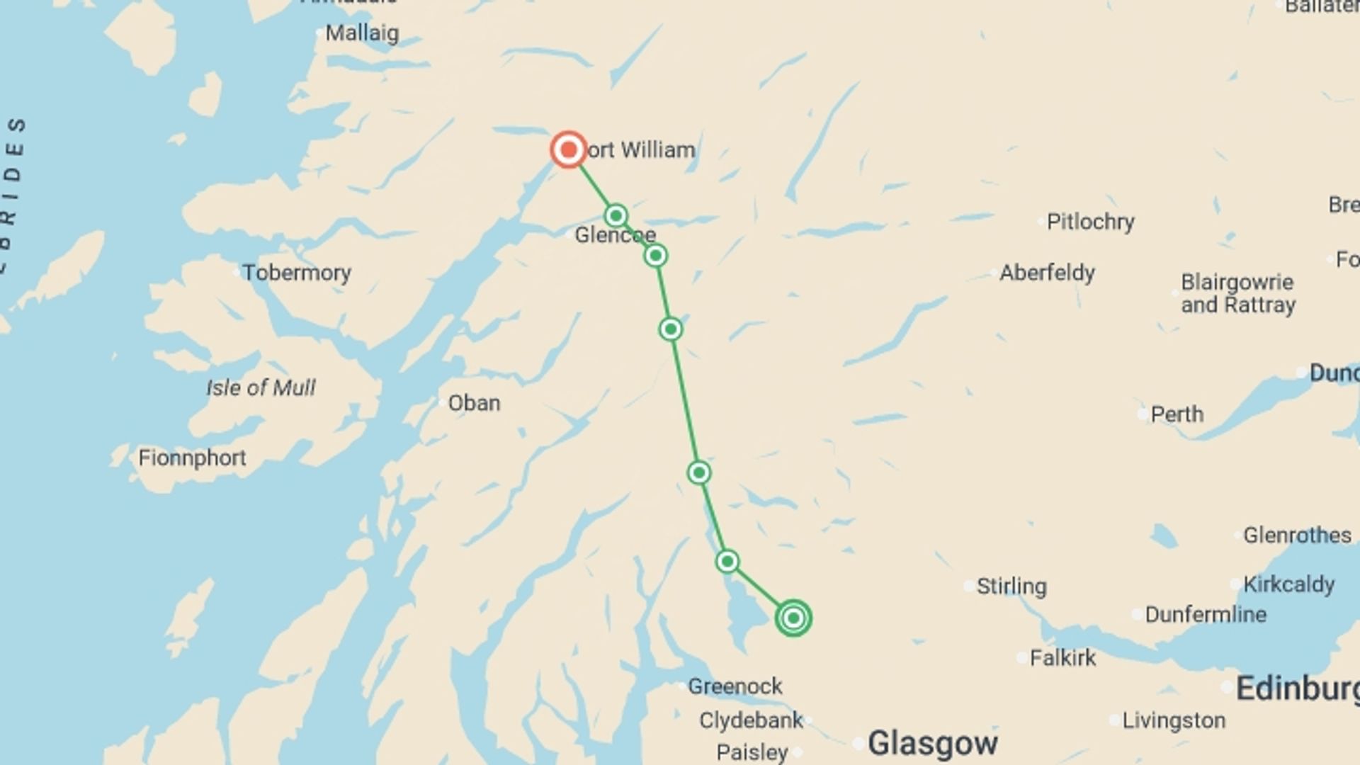 A map showing the tour itinerary for the trip: Walking the West Highland Way - 8 Days, starting in Drymen, Scotland and ending in Fort William, Scotland going through 5 other destinations.
