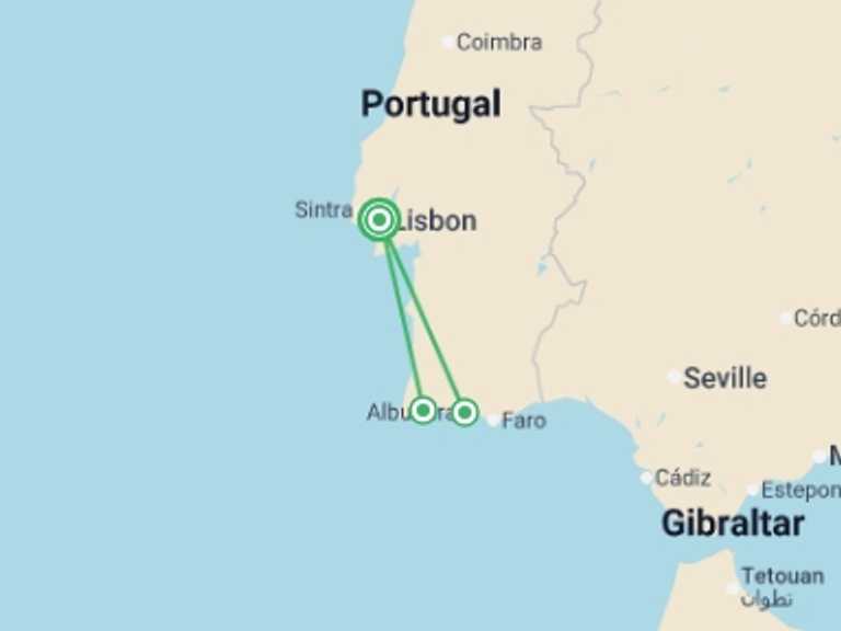 Map of Lisbon Sightseeing Tour with 2 destination visits for the trip: Southern Portugal
