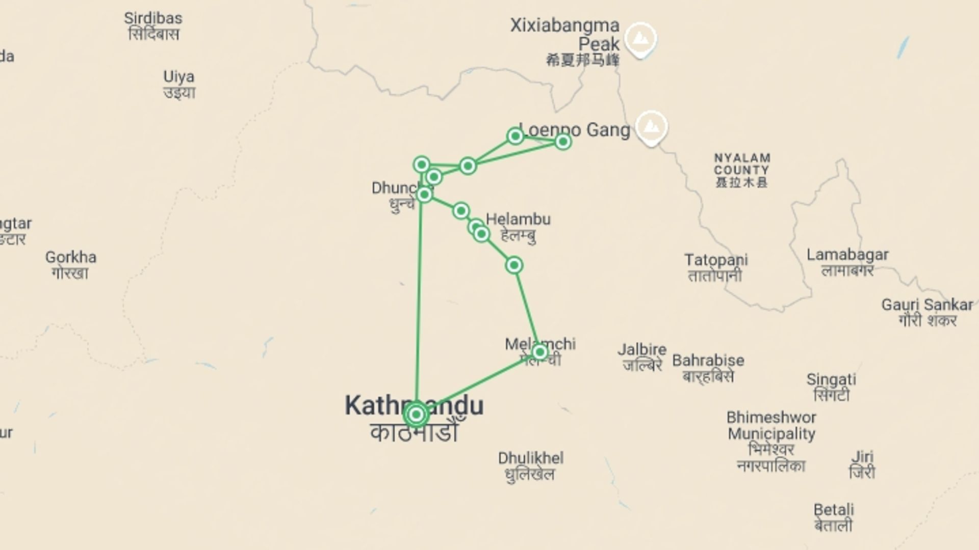 A map showing the tour itinerary for the trip: Langtang Valley Trek, starting in Kathmandu, Nepal and ending in Kathmandu, Nepal going through 11 other destinations.