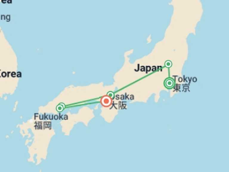 Map itinerary of Asia Tour in October 2026 with 5 destination visits for the trip: Highlights of Japan