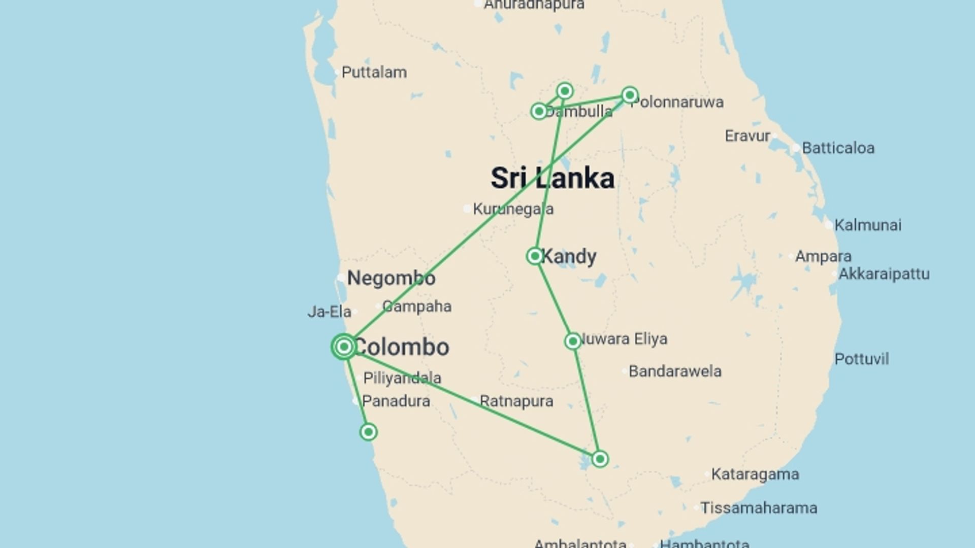 A map showing the tour itinerary for the trip: Buddha and Beach - 12 days, starting in Colombo, Sri Lanka and ending in Colombo, Sri Lanka going through 5 other destinations.