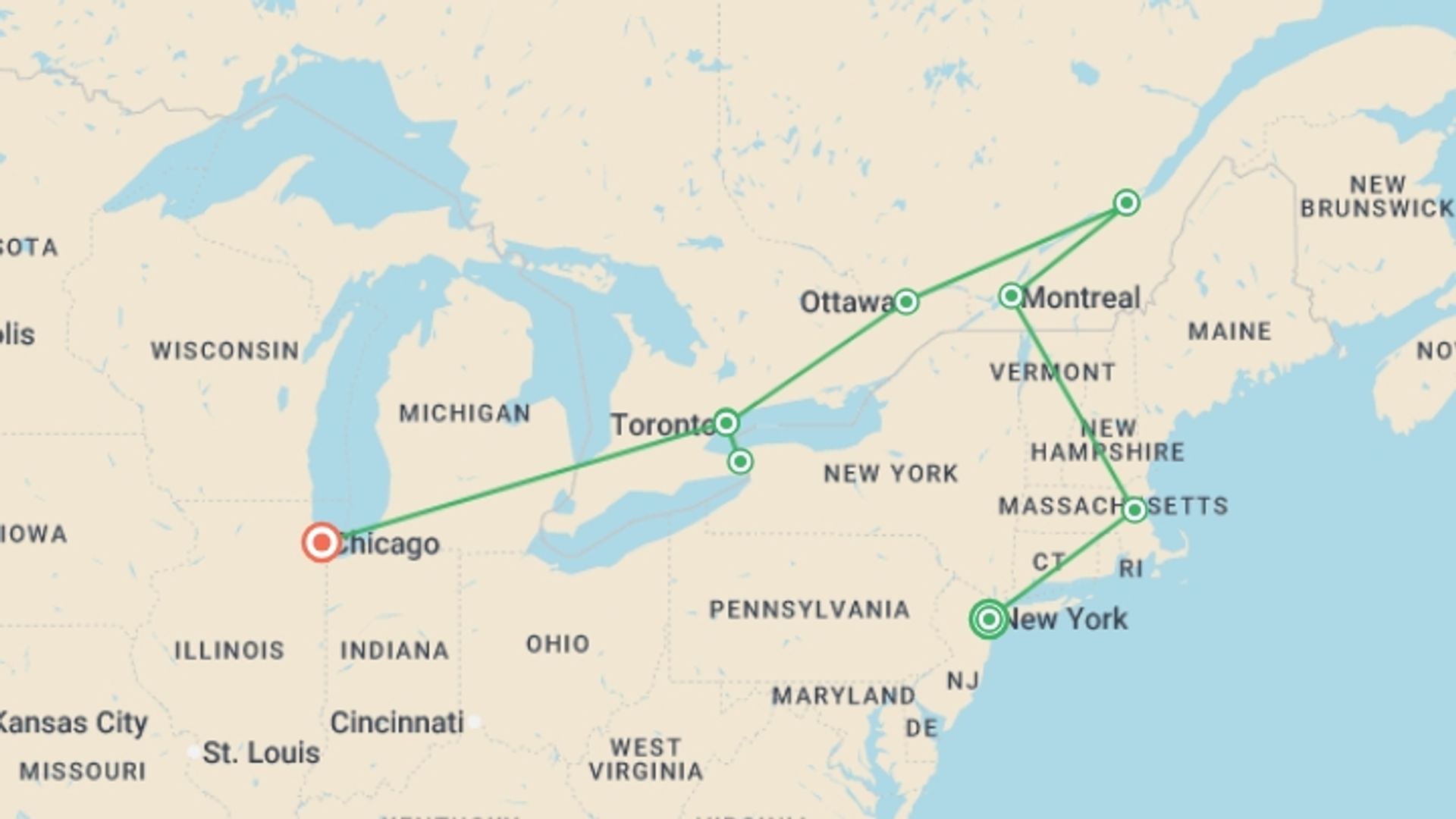 A map showing the tour itinerary for the trip: Essential East Coast, Niagara and Chicago, starting in New York, USA and ending in Chicago, USA going through 7 other destinations.