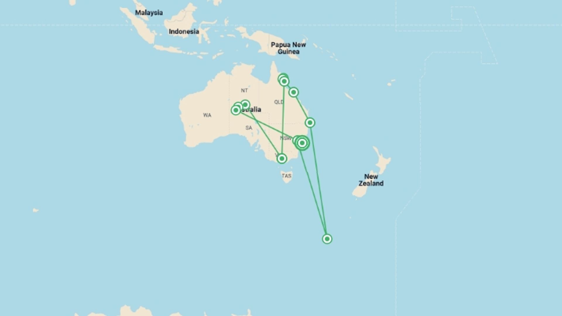 A map showing the tour itinerary for the trip: Sydney Roundtrip: Australia's Greatest Hits, starting in Sydney and NSW, Australia and ending in Sydney and NSW, Australia going through 13 other destinations.