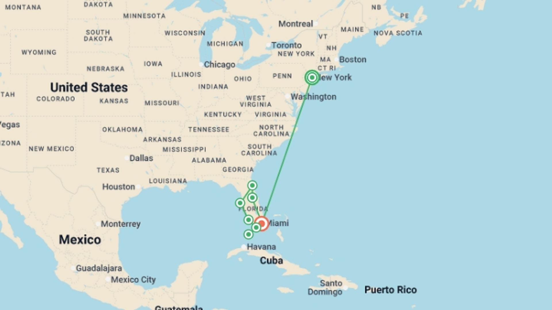 A map showing the tour itinerary for the trip: New York to Miami & Orlando - 11 days , starting in New York, USA and ending in Miami, USA going through 5 other destinations.