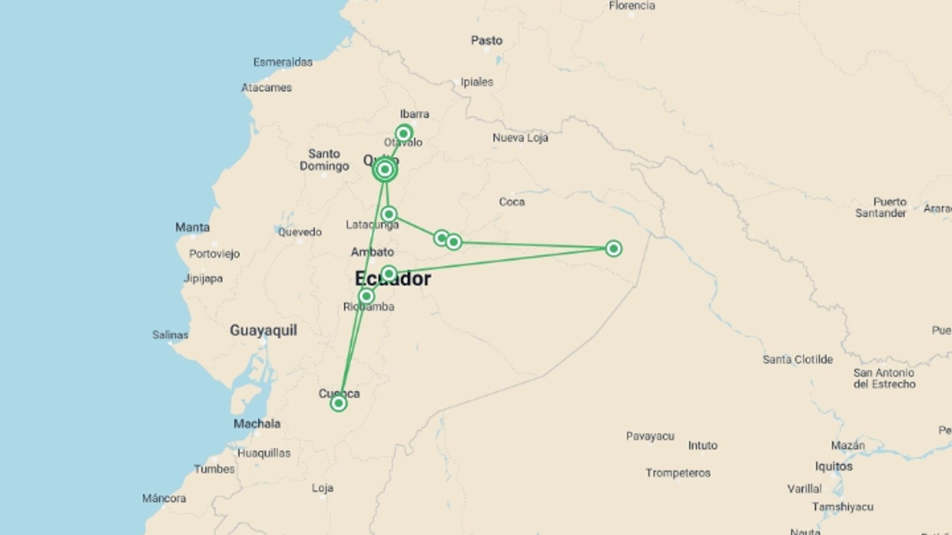 A map showing the tour itinerary for the trip: Ecuador - Andes to Amazon, starting in Quito, Ecuador and ending in Quito, Ecuador going through 10 other destinations.