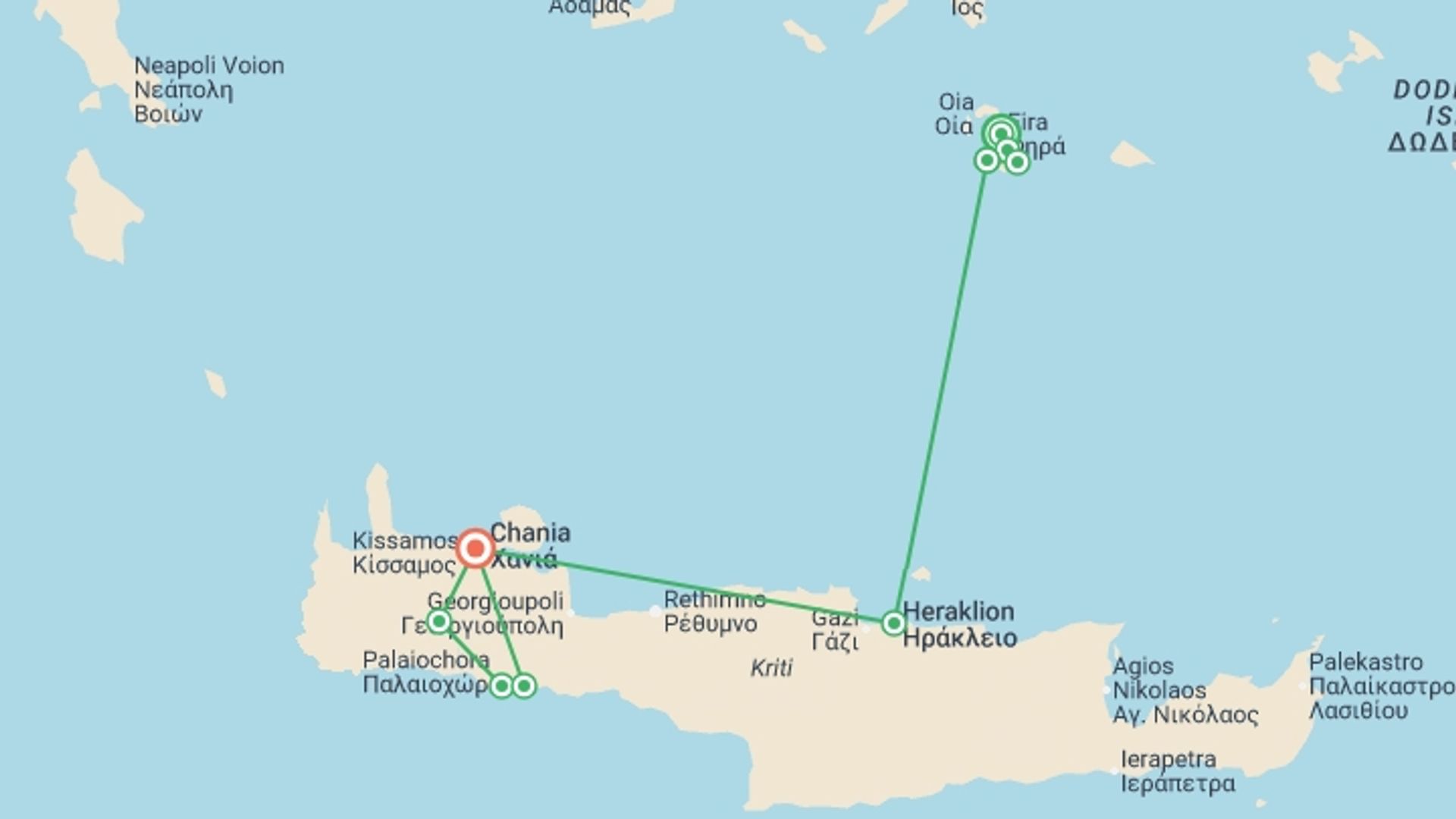 A map showing the tour itinerary for the trip: Santorini and Crete Walk, starting in Santorini, Greece and ending in Chania, Greece going through 5 other destinations.