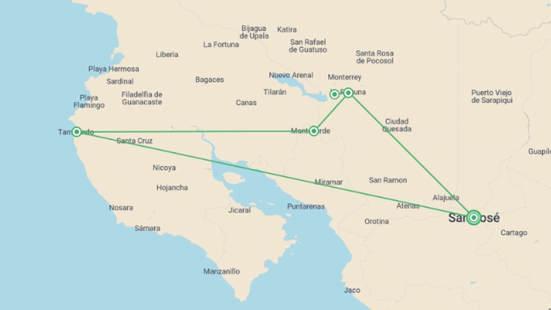 A map showing the tour itinerary for the trip: Taste of Costa Rica, starting in San Jose, Costa Rica and ending in San Jose, Costa Rica going through 4 other destinations.