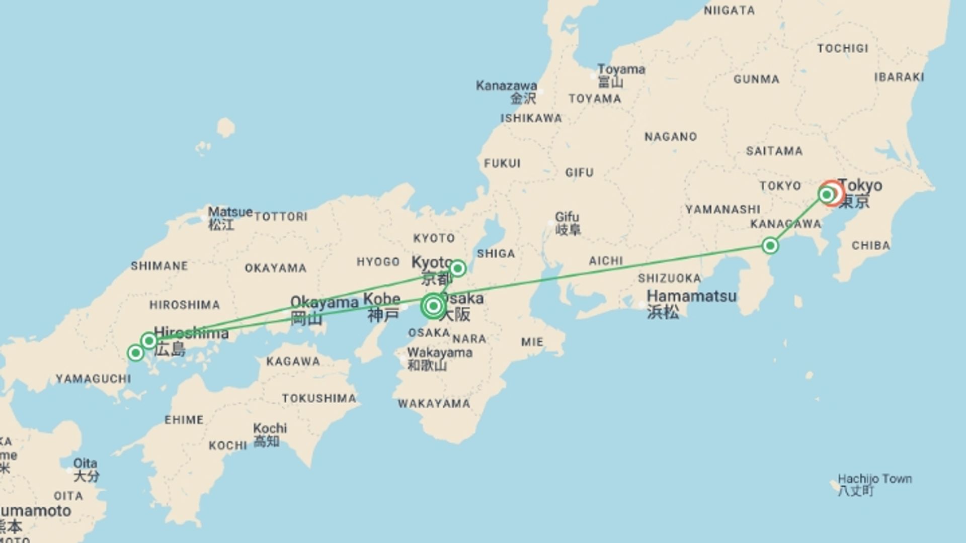 A map showing the tour itinerary for the trip: Japan Winter Wonder, starting in Osaka, Japan and ending in Tokyo, Japan going through 4 other destinations.