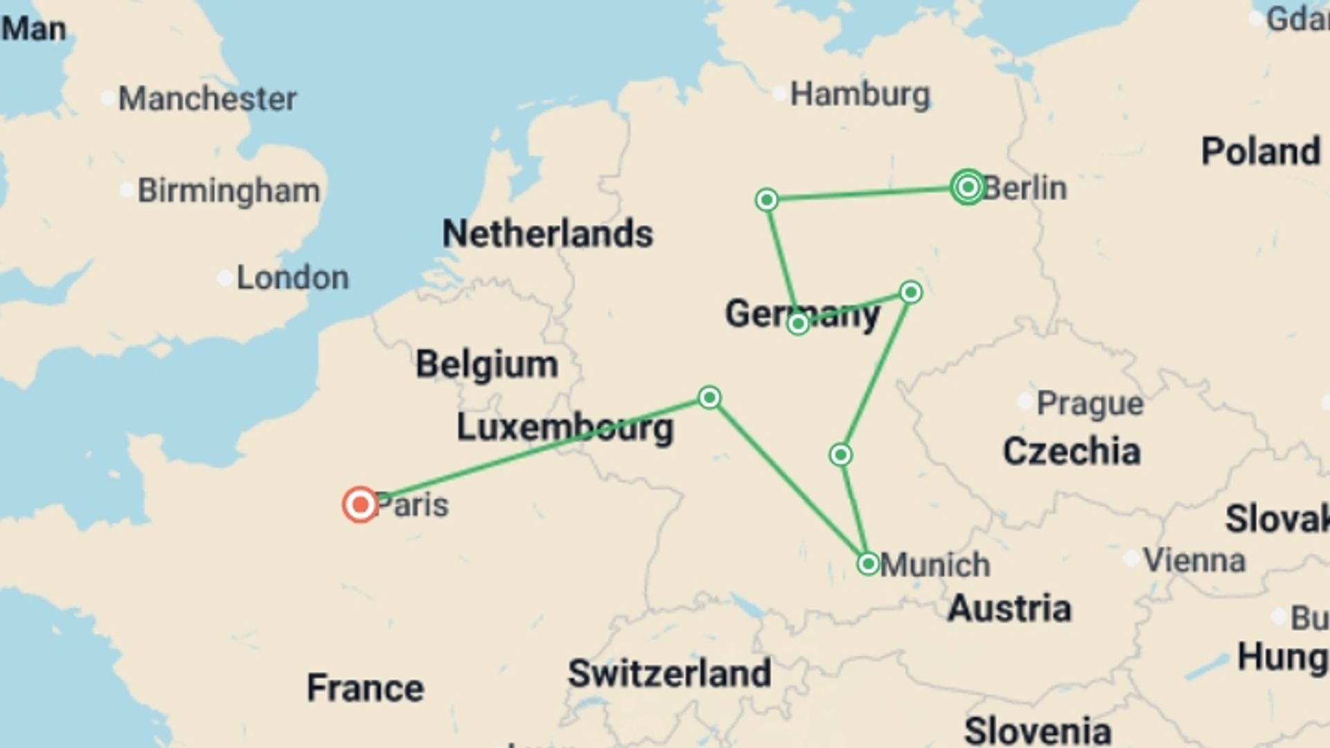 A map showing the tour itinerary for the trip: Full Germany Circuit, Ending in Paris, starting in Berlin, Germany and ending in Paris, France going through 6 other destinations.