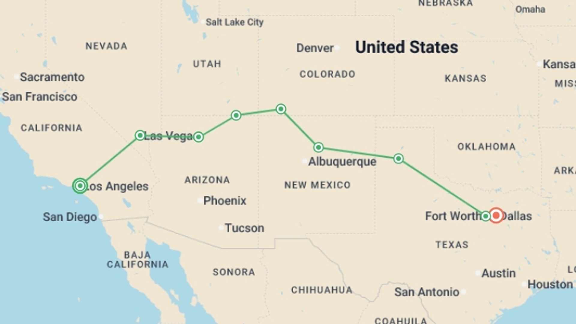 A map showing the tour itinerary for the trip: USA: LA to Dallas, starting in Los Angeles, USA and ending in Dallas, USA going through 7 other destinations.