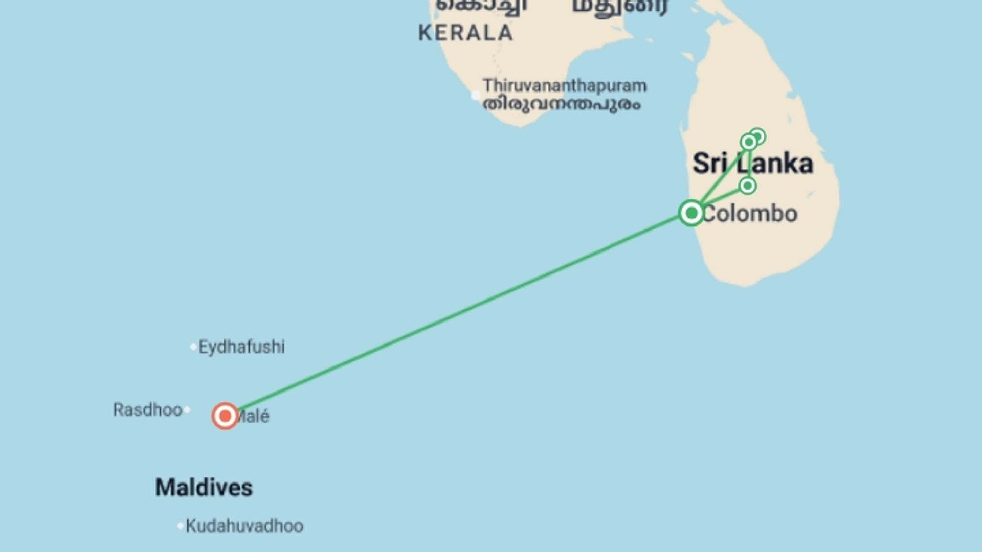 A map showing the tour itinerary for the trip: Sri Lanka & the Maldives - 10 days, starting in Colombo, Sri Lanka and ending in Male, Maldives going through 3 other destinations.