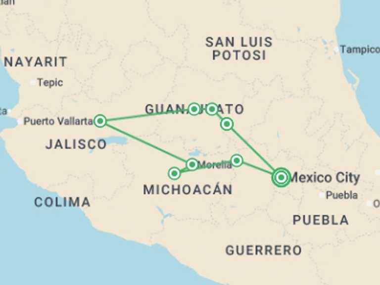 Map of North America Tour with 5 destination visits for the trip: Corners of Mexico
