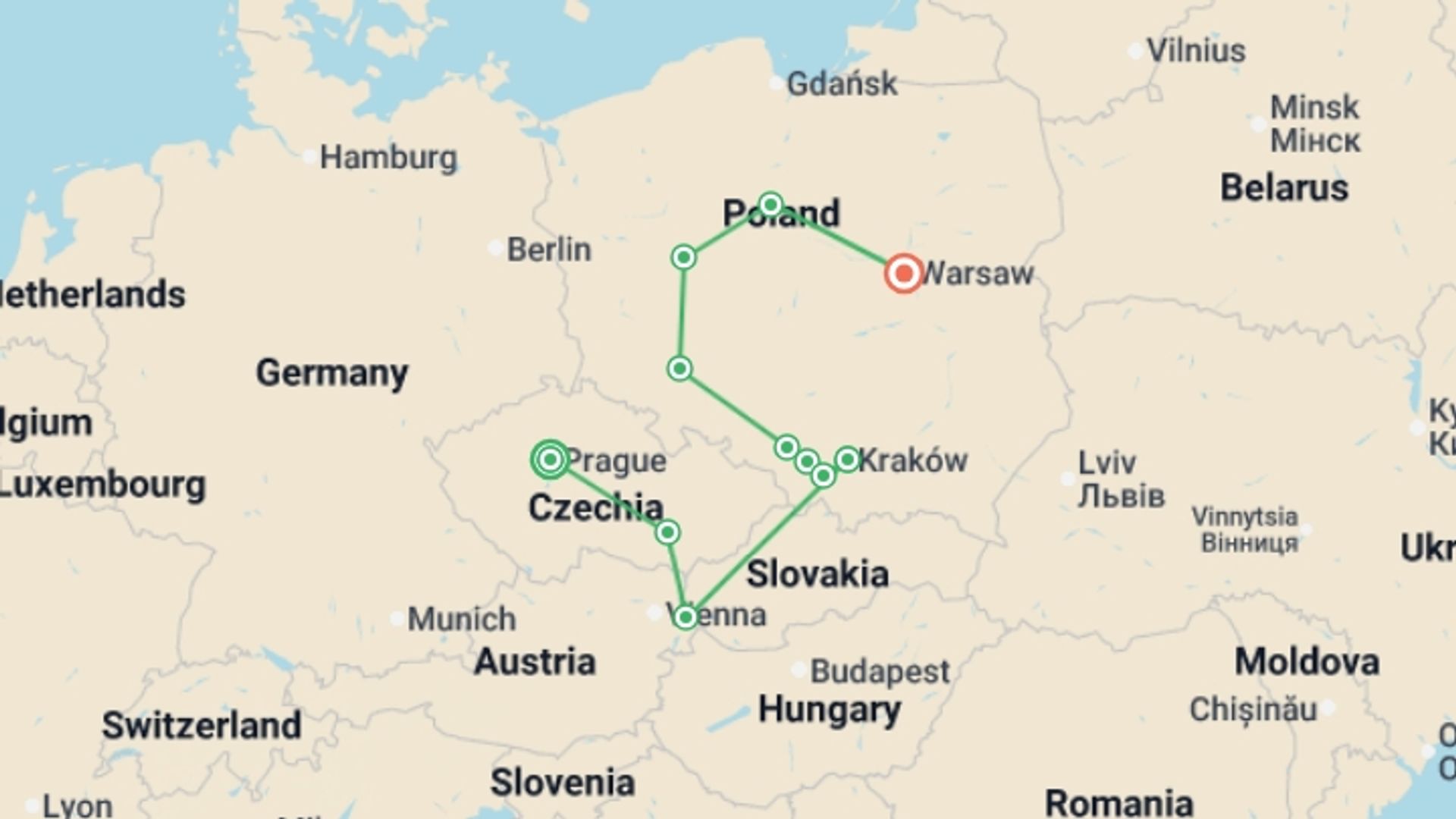 A map showing the tour itinerary for the trip: Prague, Moravia, and Heart of Poland, Ending in Warsaw, starting in Prague, Czech Republic and ending in Warsaw, Poland going through 4 other destinations.