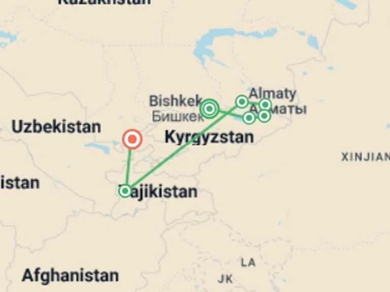 Map of Almaty Tour with 8 destination visits for the trip: Journeys: Through the Heart of the Stans