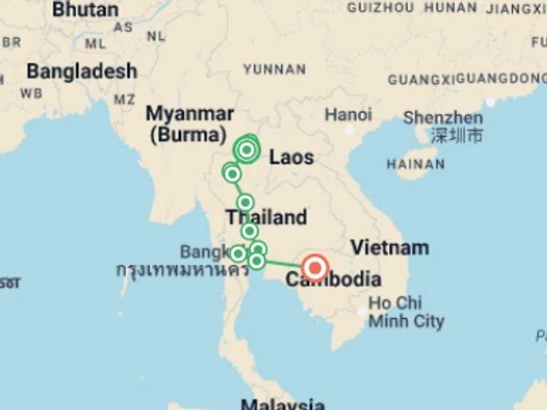 Map itinerary of Ayutthaya Tour in June 2026 with 7 destination visits for the trip: Thailand Grand Tour & Cambodia Package, Small Group Tour (other Languages)