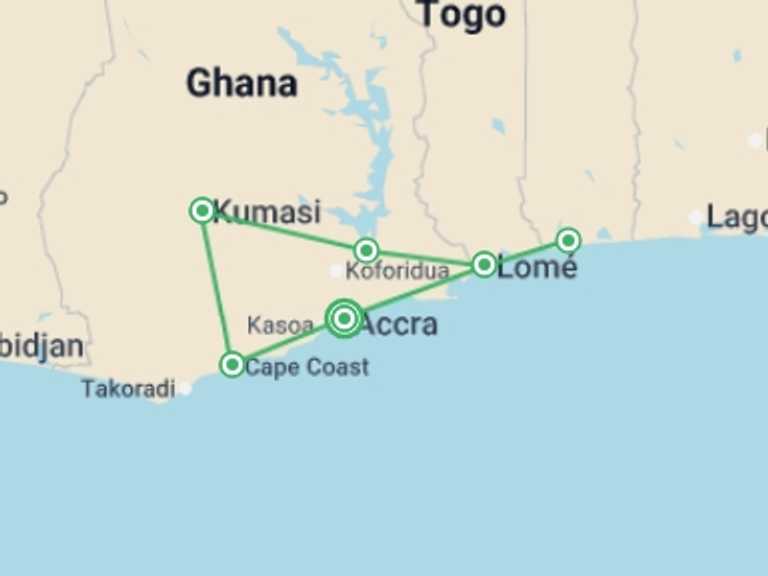 Map itinerary of Africa Tour in September 2026 with 6 destination visits for the trip: Ghana, Togo & Benin - 11 days