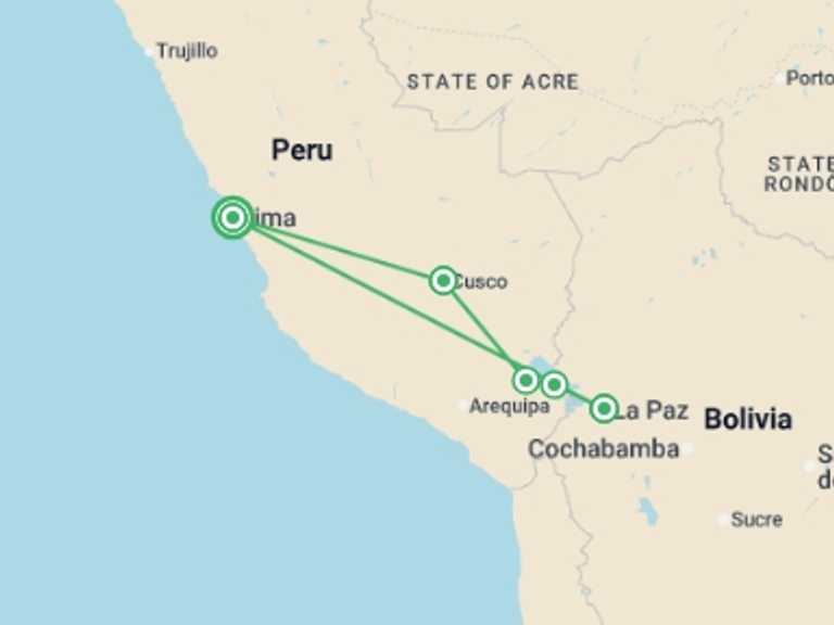 Map itinerary of South America Tour in September 2026 with 5 destination visits for the trip: Totally Peru & Bolivia - 13 days