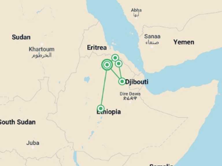 Map of a Festivals and events Tour with 5 destination visits for the trip: Danakil Depression Tour