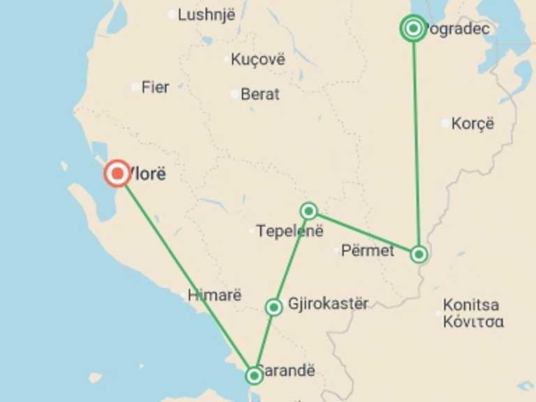 Map of a Adventure and sport Tour with 6 destination visits for the trip: Cycling in Albania