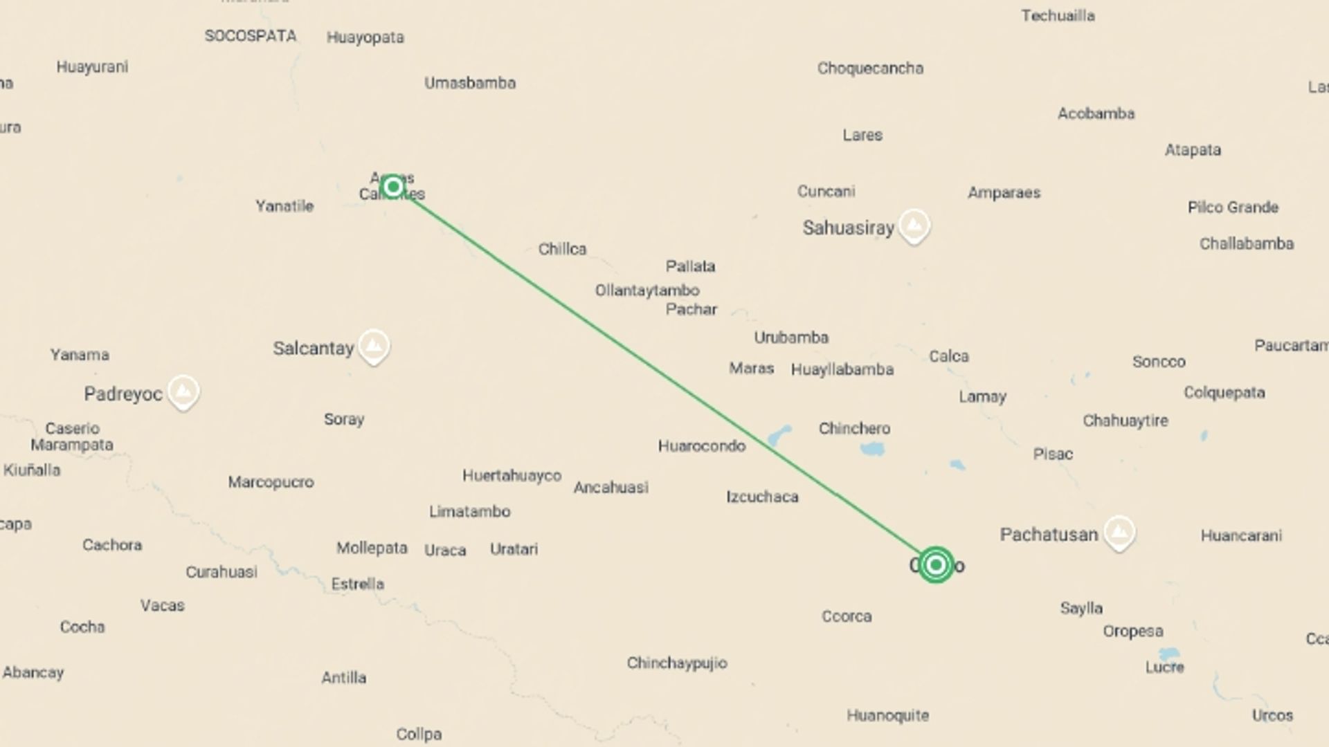 A map showing the tour itinerary for the trip: Cusco At A Glance, starting in Cusco, Peru and ending in Cusco, Peru going through 0 other destinations.
