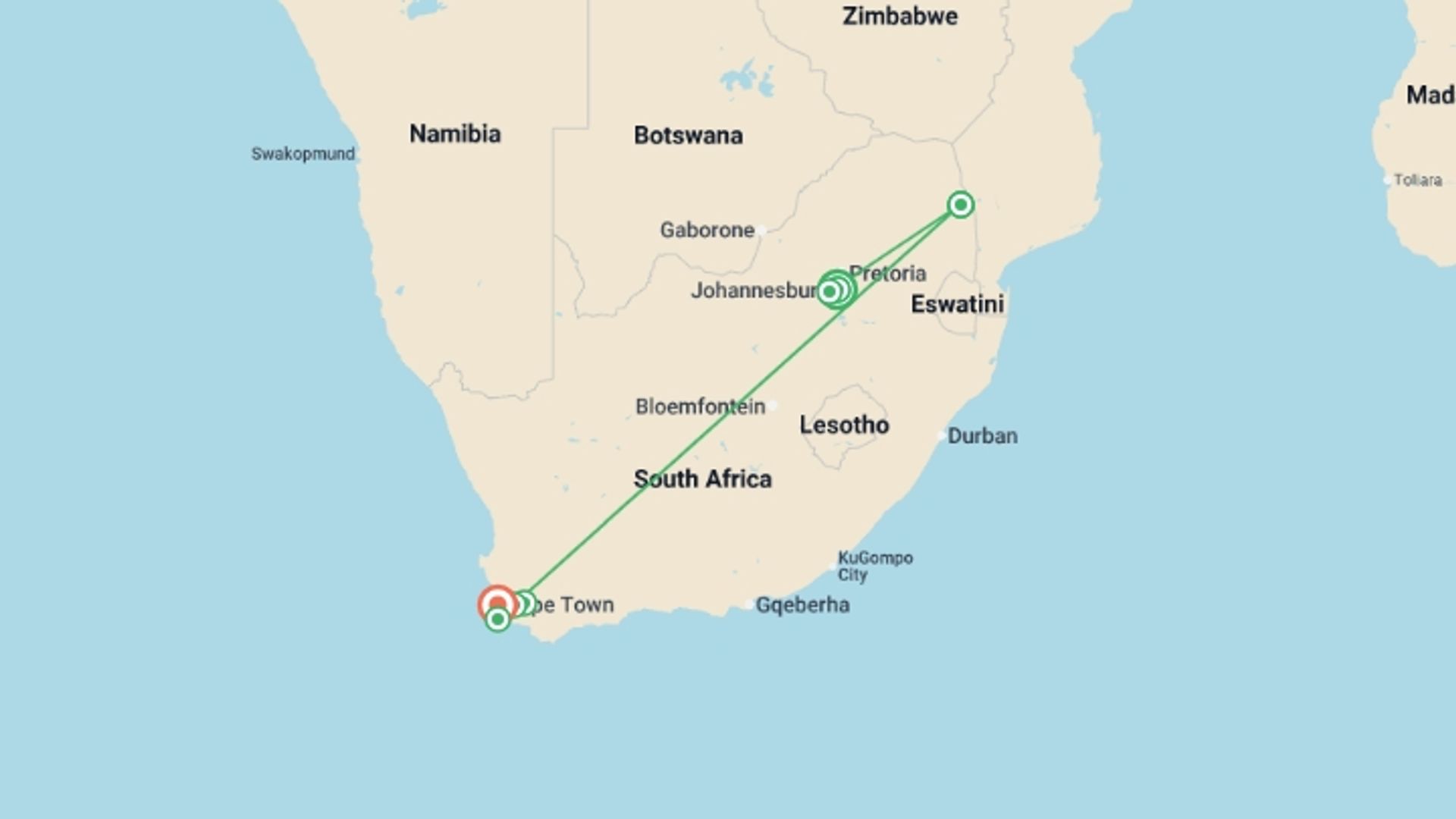 A map showing the tour itinerary for the trip: Iconic South Africa, starting in Johannesburg, South Africa and ending in Cape Town, South Africa going through 5 other destinations.