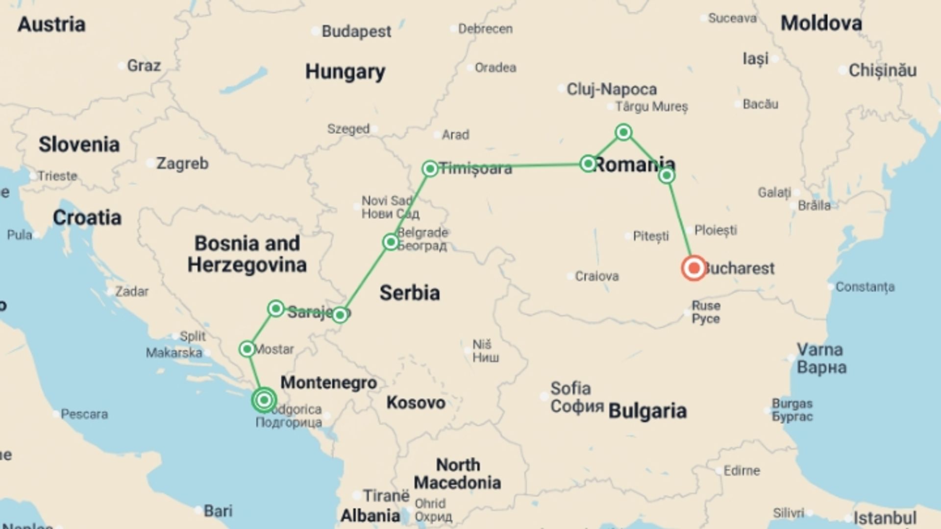 A map showing the tour itinerary for the trip: Premium Dubrovnik to Bucharest, starting in Dubrovnik, Croatia and ending in Bucharest, Romania going through 8 other destinations.