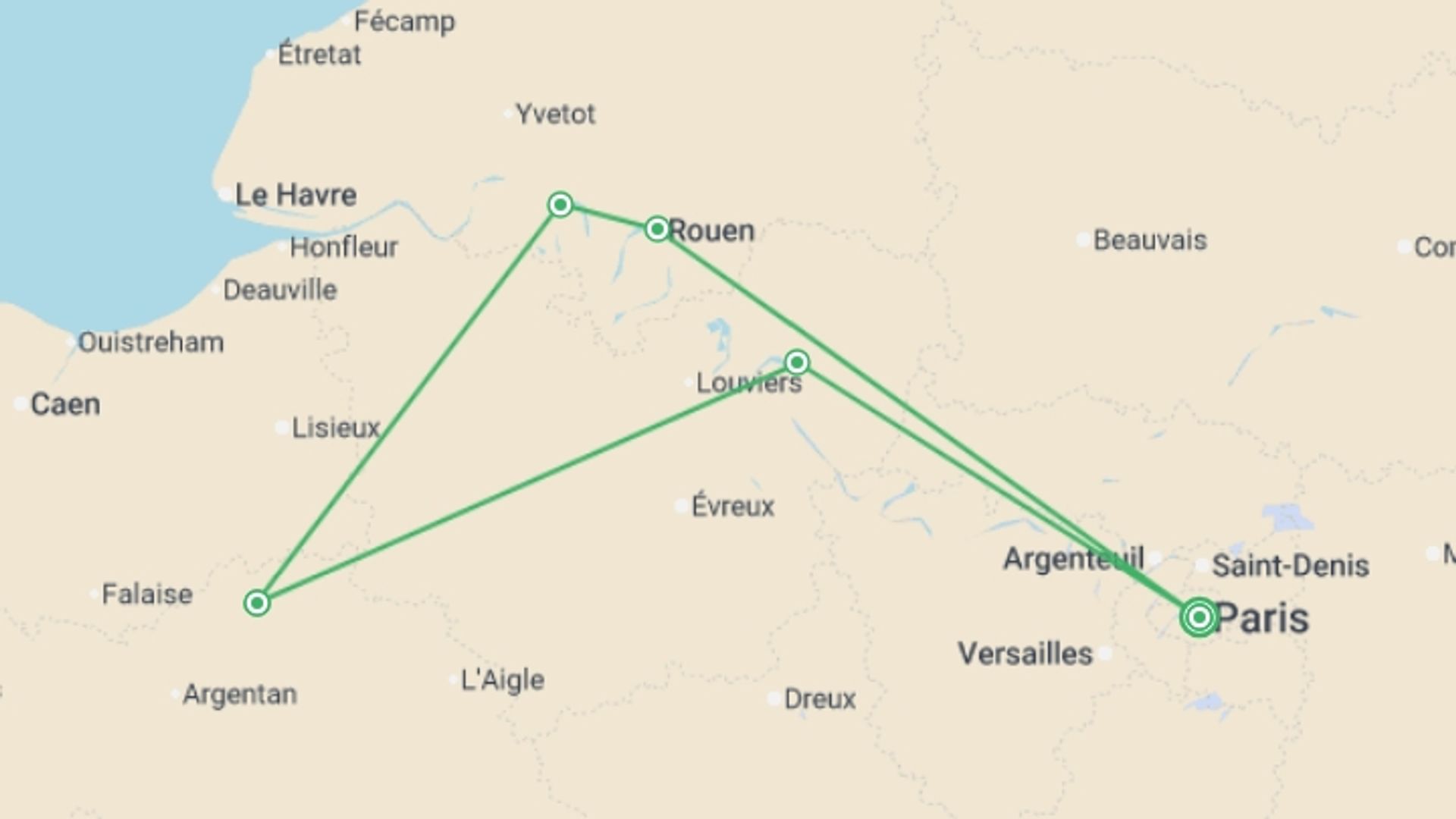 A map showing the tour itinerary for the trip: The finest and most picturesque ports of call in the Seine valley (port-to-port cruise), starting in Paris, France and ending in Paris, France going through 2 other destinations.