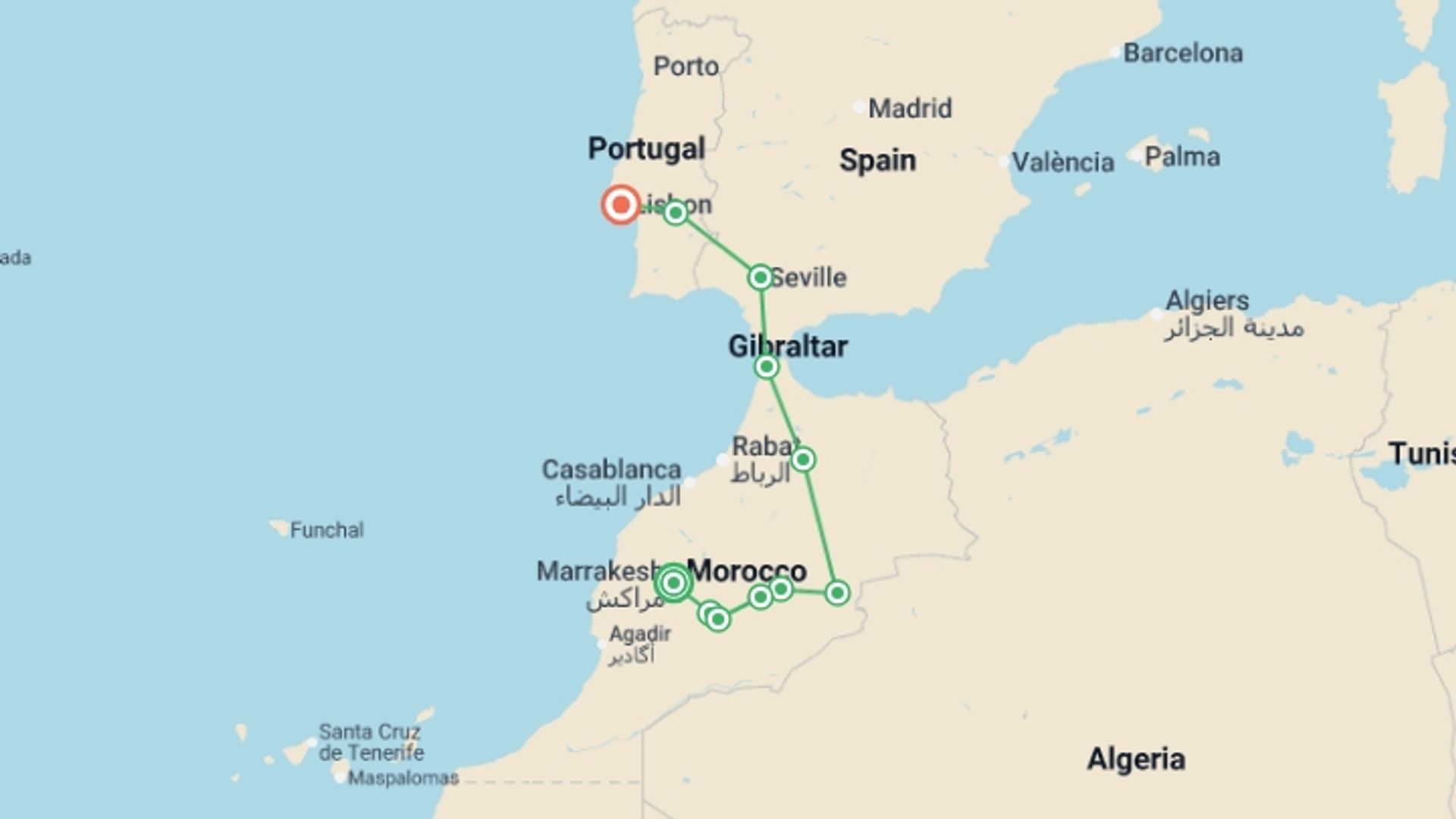 A map showing the tour itinerary for the trip: From Marrakesh to Lisbon, starting in Marrakech, Morocco and ending in Lisbon, Portugal going through 5 other destinations.