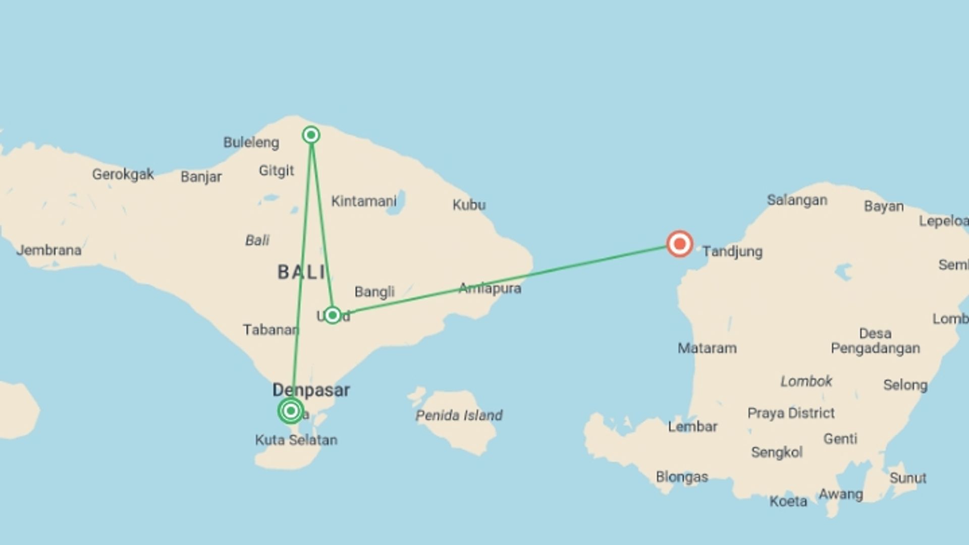 A map showing the tour itinerary for the trip: Bali: Beaches & Boat Rides, starting in Kuta, Indonesia and ending in Gili Trawangan, Indonesia going through 2 other destinations.