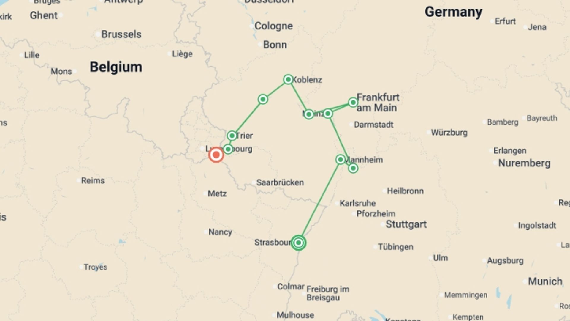 A map showing the tour itinerary for the trip: 5 Different Rivers: The Rhine, Neckar, Main, Moselle, and Saar (port-to-port cruise), starting in Strasbourg, France and ending in Remich, Luxembourg going through 6 other destinations.