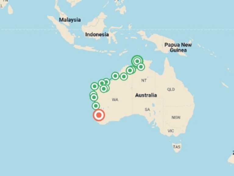 Map of Australia Tour with 15 destination visits for the trip: Untamed Kimberley and West Coast