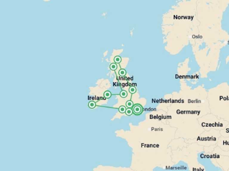 Map itinerary of Europe Tour in Fall with 10 destination visits for the trip: Britain & Ireland Explorer