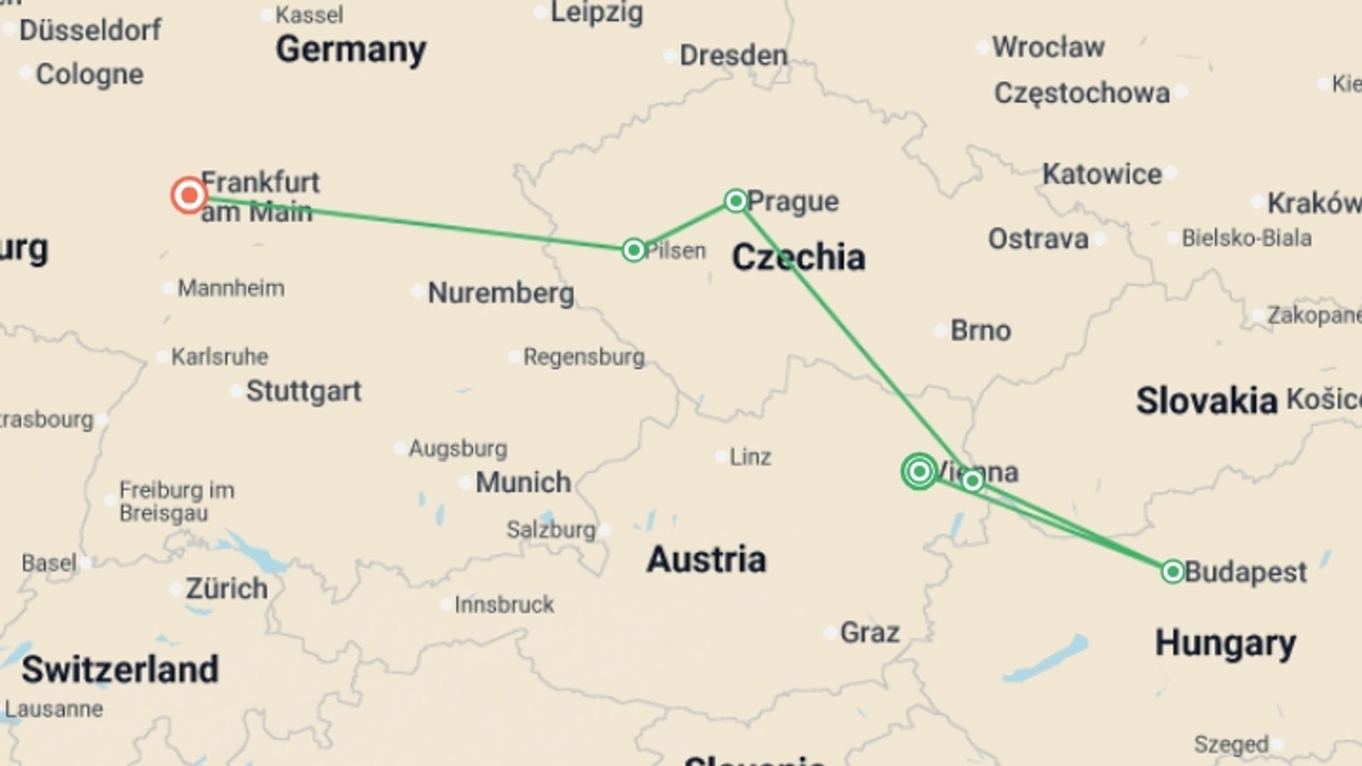 A map showing the tour itinerary for the trip: A Piece of Europe, starting in Vienna, Austria and ending in Frankfurt, Germany going through 4 other destinations.