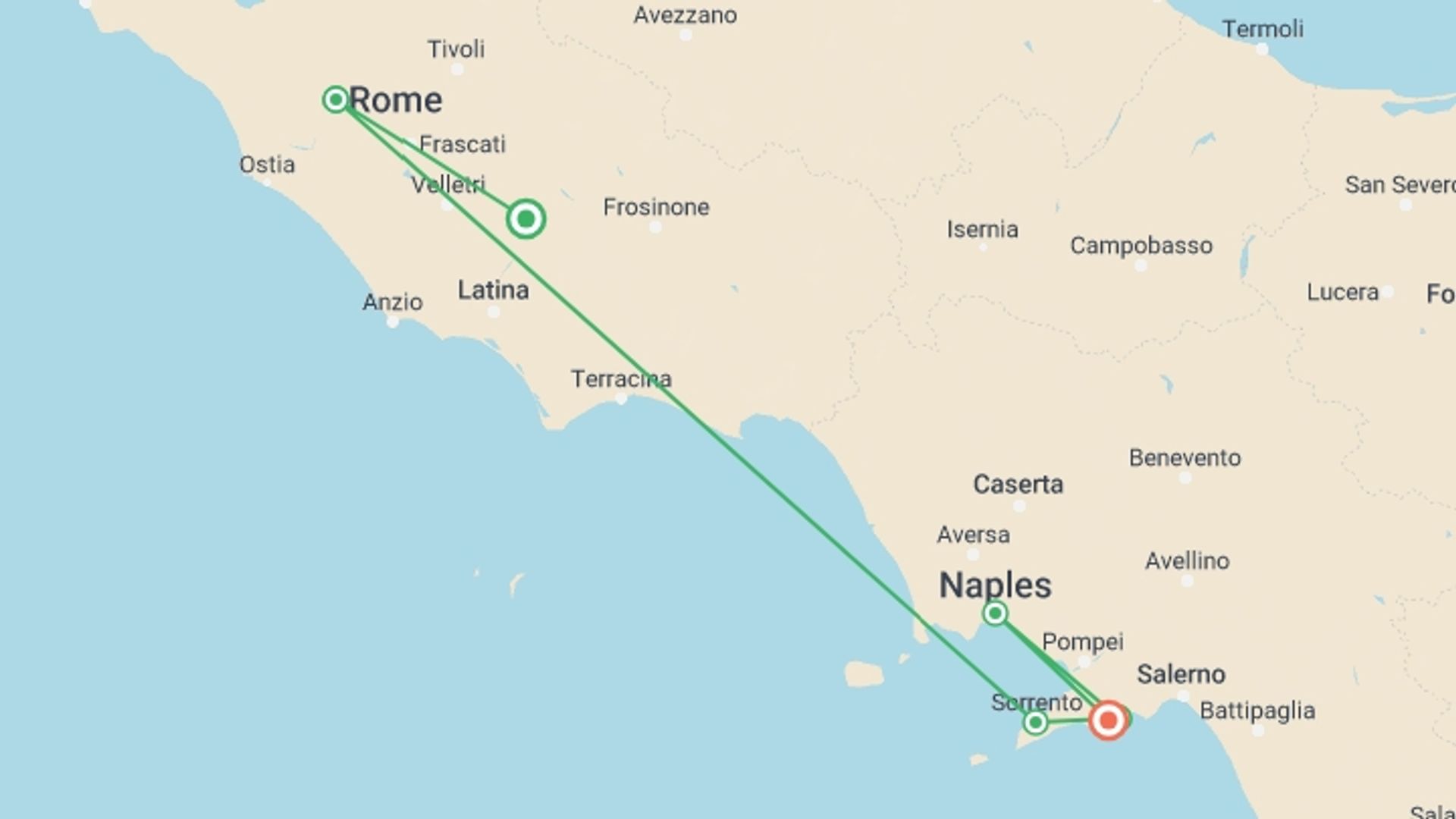A map showing the tour itinerary for the trip: Rome & Amalfi Coast Escapade, starting in Lazio, Italy and ending in Amalfi Coast & Campania, Italy going through 4 other destinations.