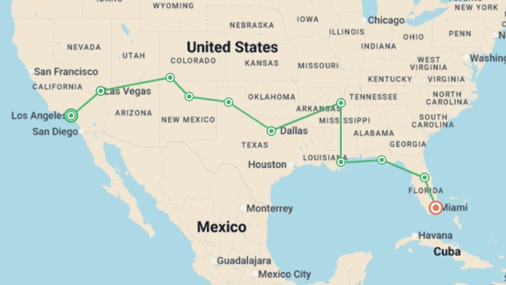 A map showing the tour itinerary for the trip: USA: LA to Miami, starting in Los Angeles, USA and ending in Miami, USA going through 9 other destinations.