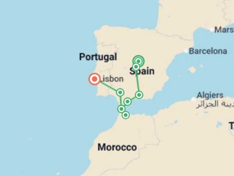 Map itinerary of Europe Tour in July 2026 with 6 destination visits for the trip: Spain, Morocco & Portugal Whirl