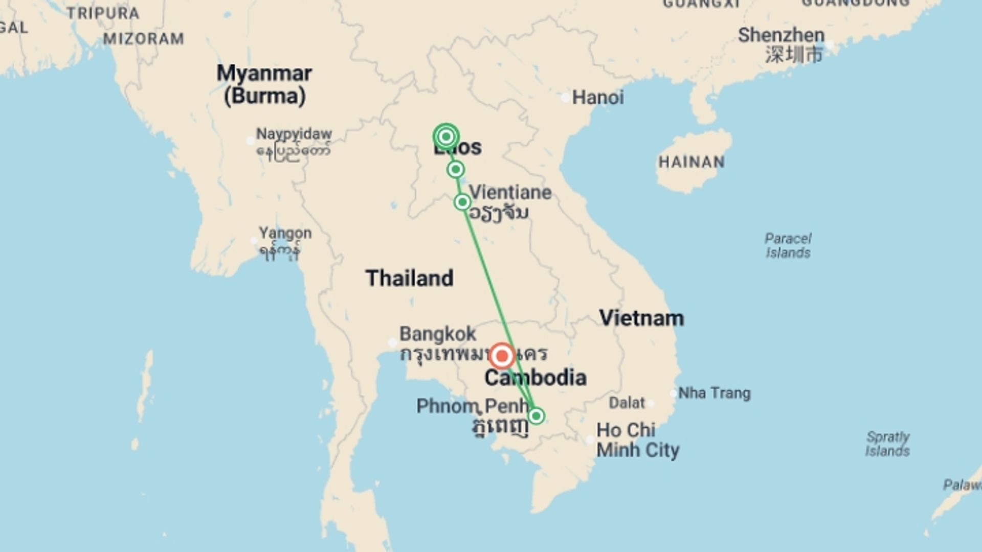 A map showing the tour itinerary for the trip: Cambodia & Laos Uncovered, starting in Luang Prabang, Laos and ending in Siem Reap, Cambodia going through 3 other destinations.