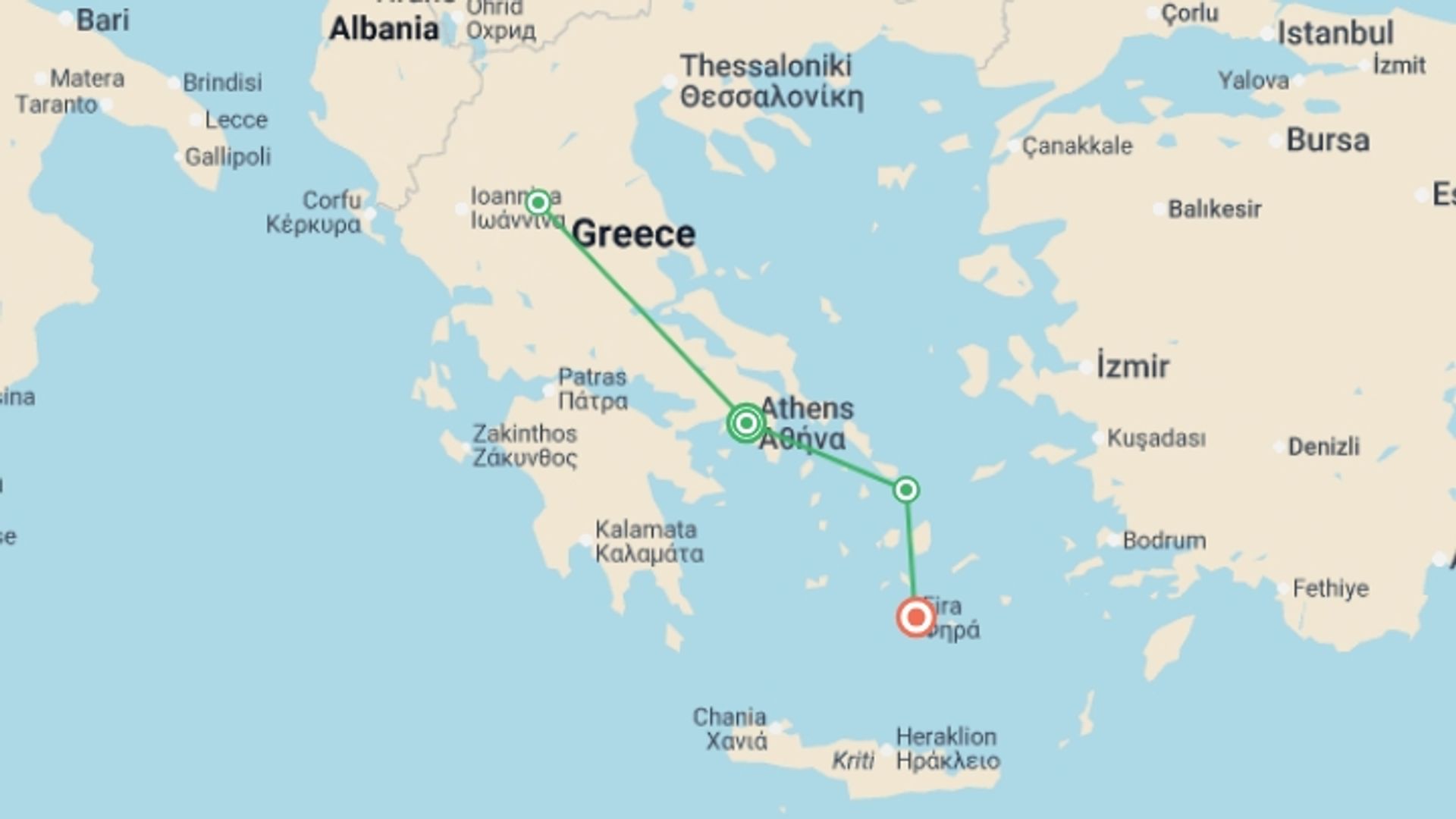 A map showing the tour itinerary for the trip: Gems and Islands of Greece, starting in Athens, Greece and ending in Santorini, Greece going through 2 other destinations.