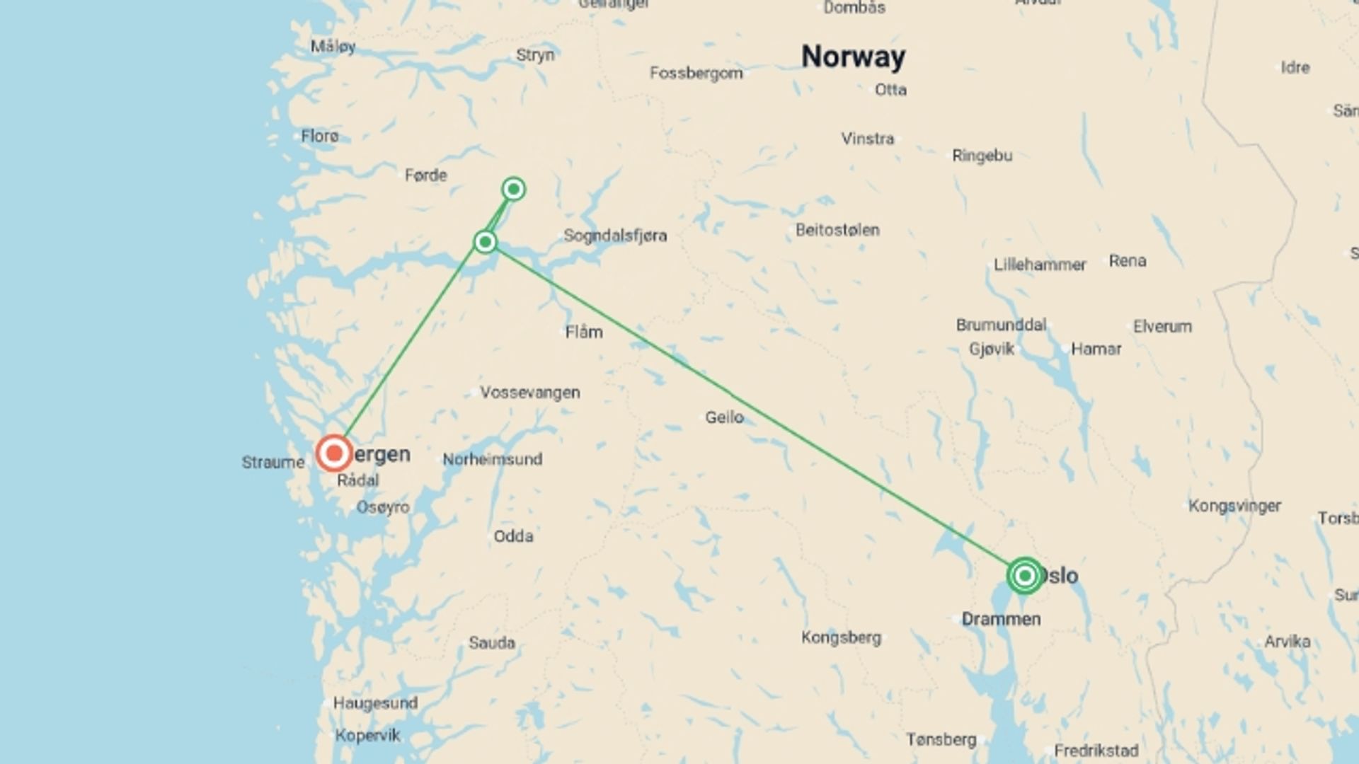 A map showing the tour itinerary for the trip: Oslo to Bergen (4 Star) - 7 days, starting in Oslo, Norway and ending in Bergen, Norway going through 2 other destinations.