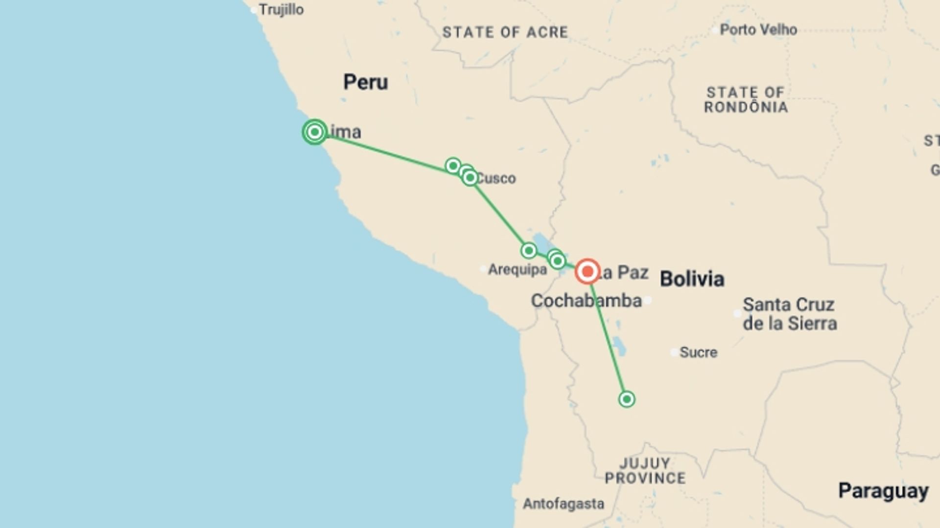 A map showing the tour itinerary for the trip: Peru & Bolivia Discovery - 13 days, starting in Lima, Peru and ending in La Paz, Bolivia going through 5 other destinations.