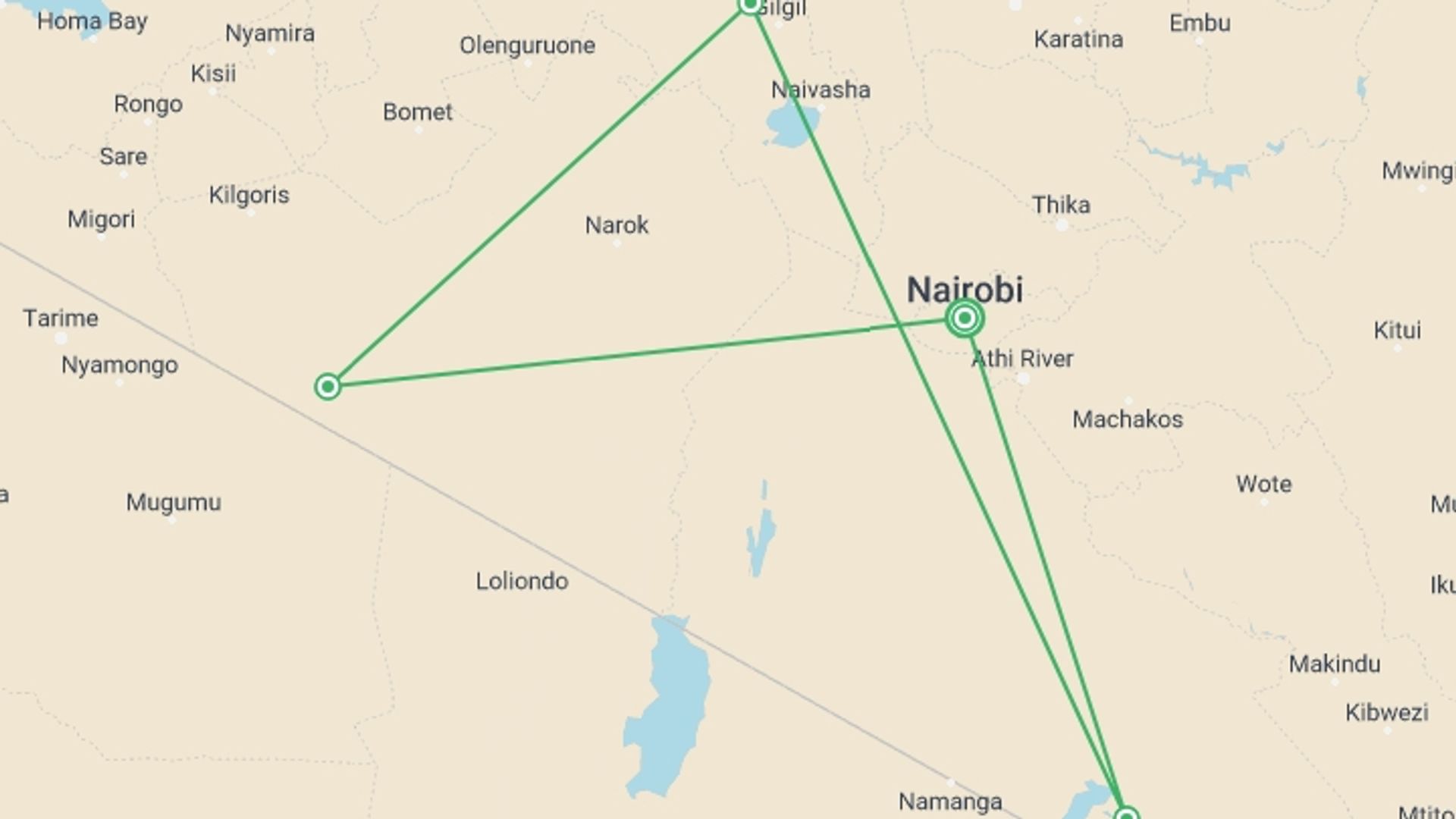 A map showing the tour itinerary for the trip: Picturesque Solo Kenya Tour, starting in Nairobi, Kenya and ending in Nairobi, Kenya going through 4 other destinations.