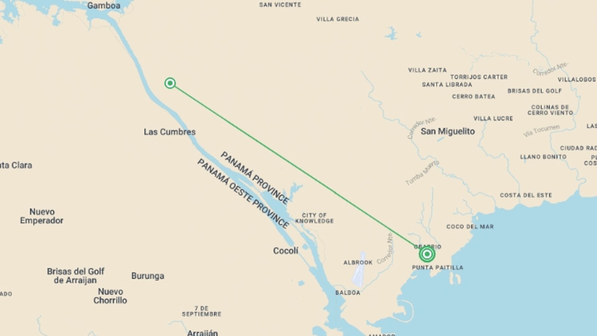 A map showing the tour itinerary for the trip: Glimpse of Panama, starting in Panama City, Panama and ending in Panama City, Panama going through 1 other destinations.