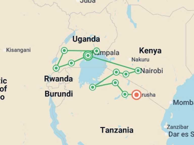 Map of Africa Tour with 12 destination visits for the trip: Epic East Africa: Gorillas, Chimps and Game Parks