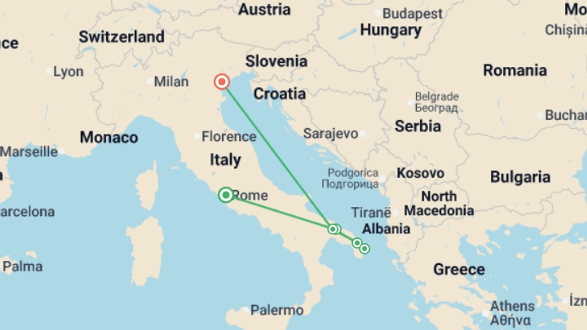 A map showing the tour itinerary for the trip: Authentic Puglia, starting in Rome, Italy and ending in Venice, Italy going through 6 other destinations.