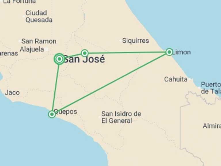 Map of San Jose Explorer Tour with 4 destination visits for the trip: Costa Rica: The Osa Peninsula & Manuel Antonio National Park