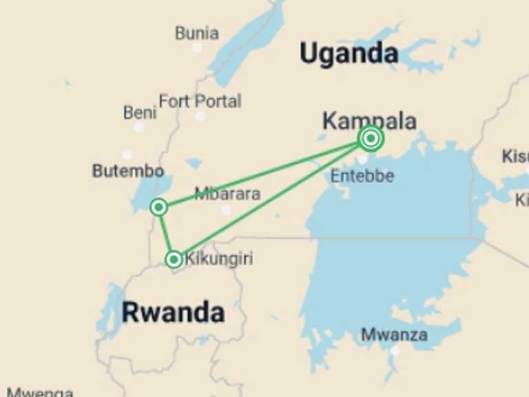Map itinerary of Uganda Tour in October 2026 with 4 destination visits for the trip: 6-day Gorilla Encounter Accommodated