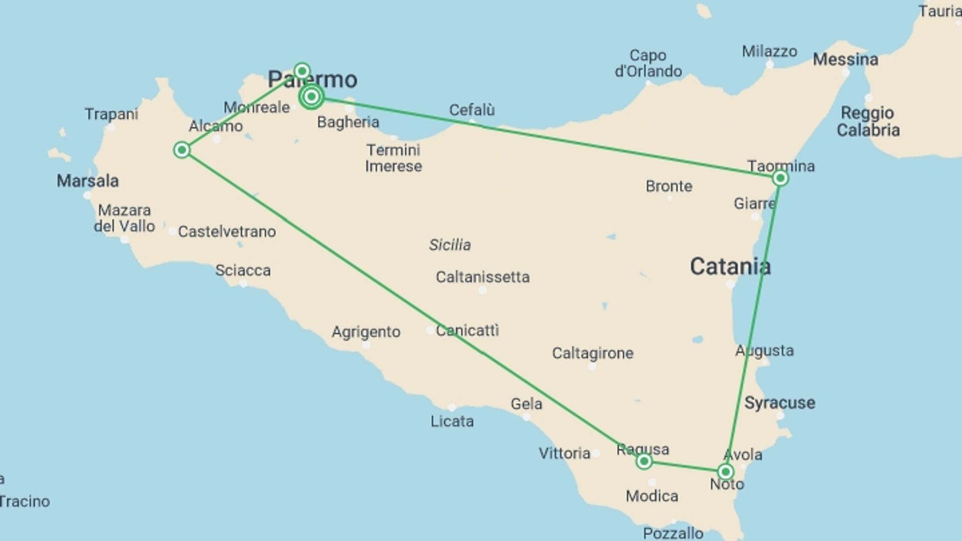 A map showing the tour itinerary for the trip: Palermo and Sicilian Baroque Self Drive, starting in Palermo, Italy and ending in Palermo, Italy going through 5 other destinations.